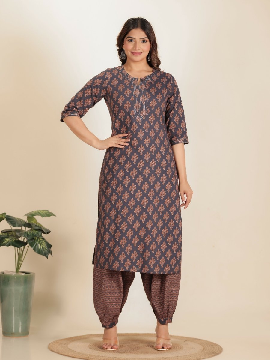 Aramya Straight Soft Cotton Floral Print Women's Kurta Set - Grey | Grocsy