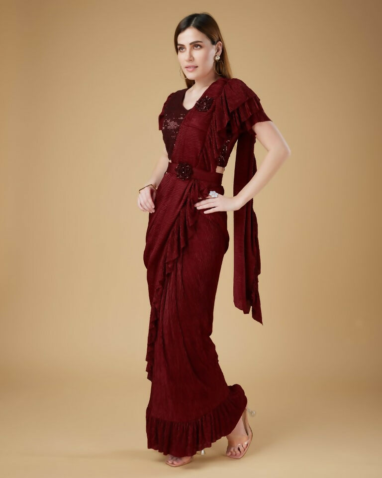 Maroon Imported Crush Solid Ready to Wear Saree with stitched Blouse - Aayan | Grocsy