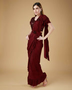 Maroon Imported Crush Solid Ready to Wear Saree with stitched Blouse - Aayan | Grocsy