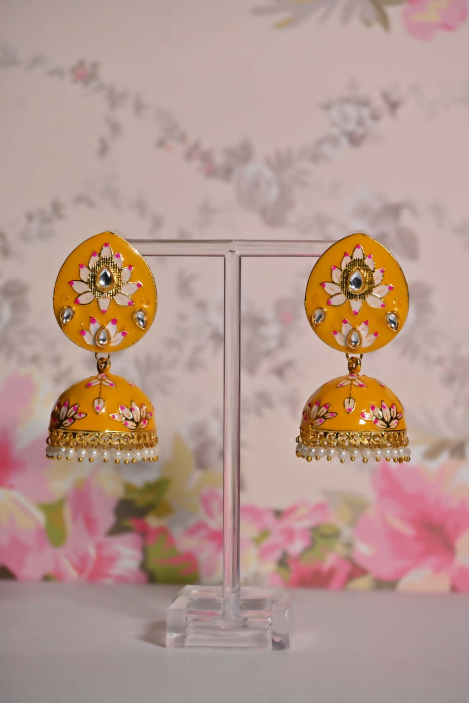Yellow Hand Painted Ethnic Meenakari Jhumki Earrings By House of Ree - Swadesiicart