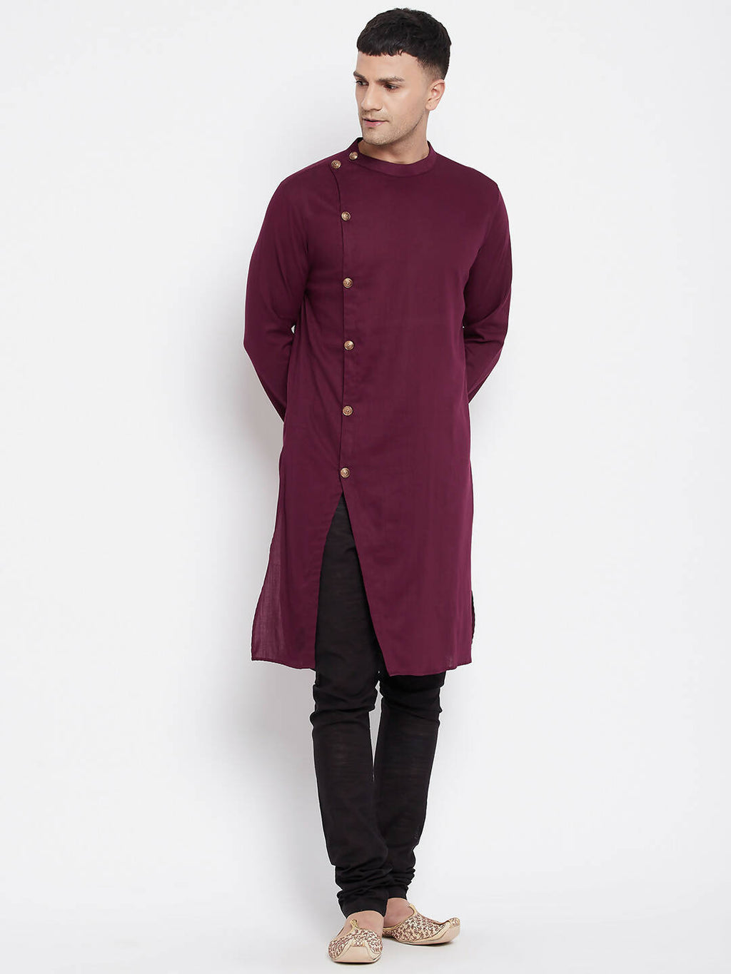Even Apparels Maroon Pure Cotton Men's Sherwani Kurta With Asymetrical Cut | Grocsy