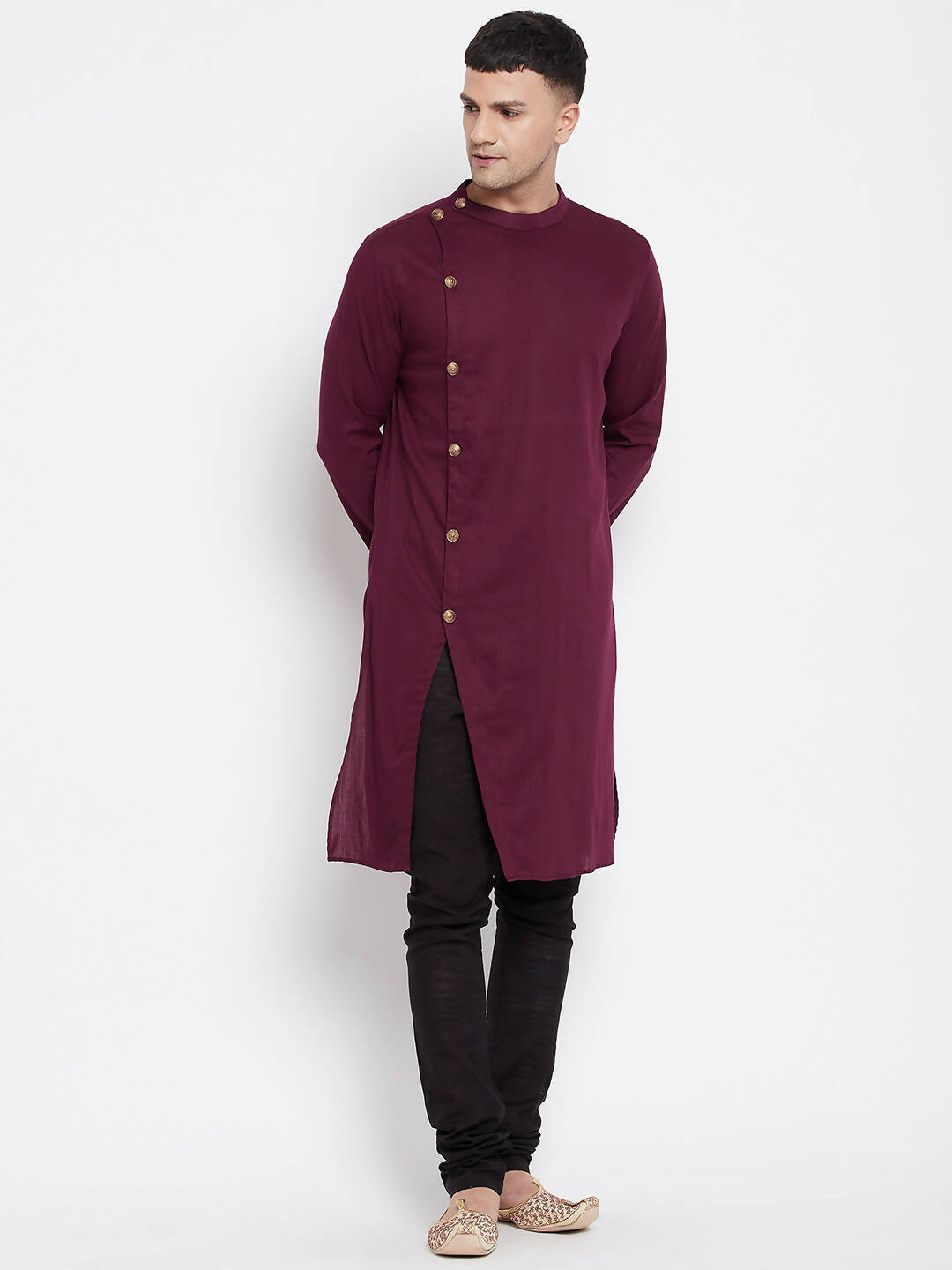 Even Apparels Maroon Pure Cotton Men's Sherwani Kurta With Asymetrical Cut | Grocsy