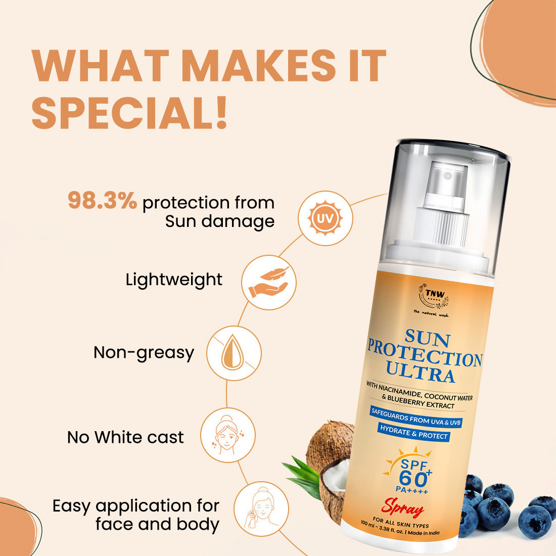 The Natural Wash Sun Defence Sunscreen SPF 60 UVA UVB PA++++ Sunblock Suncream | Grocsy