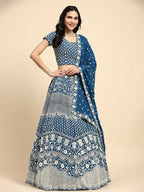 Teal Georgette Thread Embroidered Lehenga Choli with Dupatta - Tanya | Grocsy
