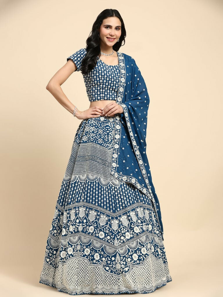 Teal Georgette Thread Embroidered Lehenga Choli with Dupatta - Tanya | Grocsy