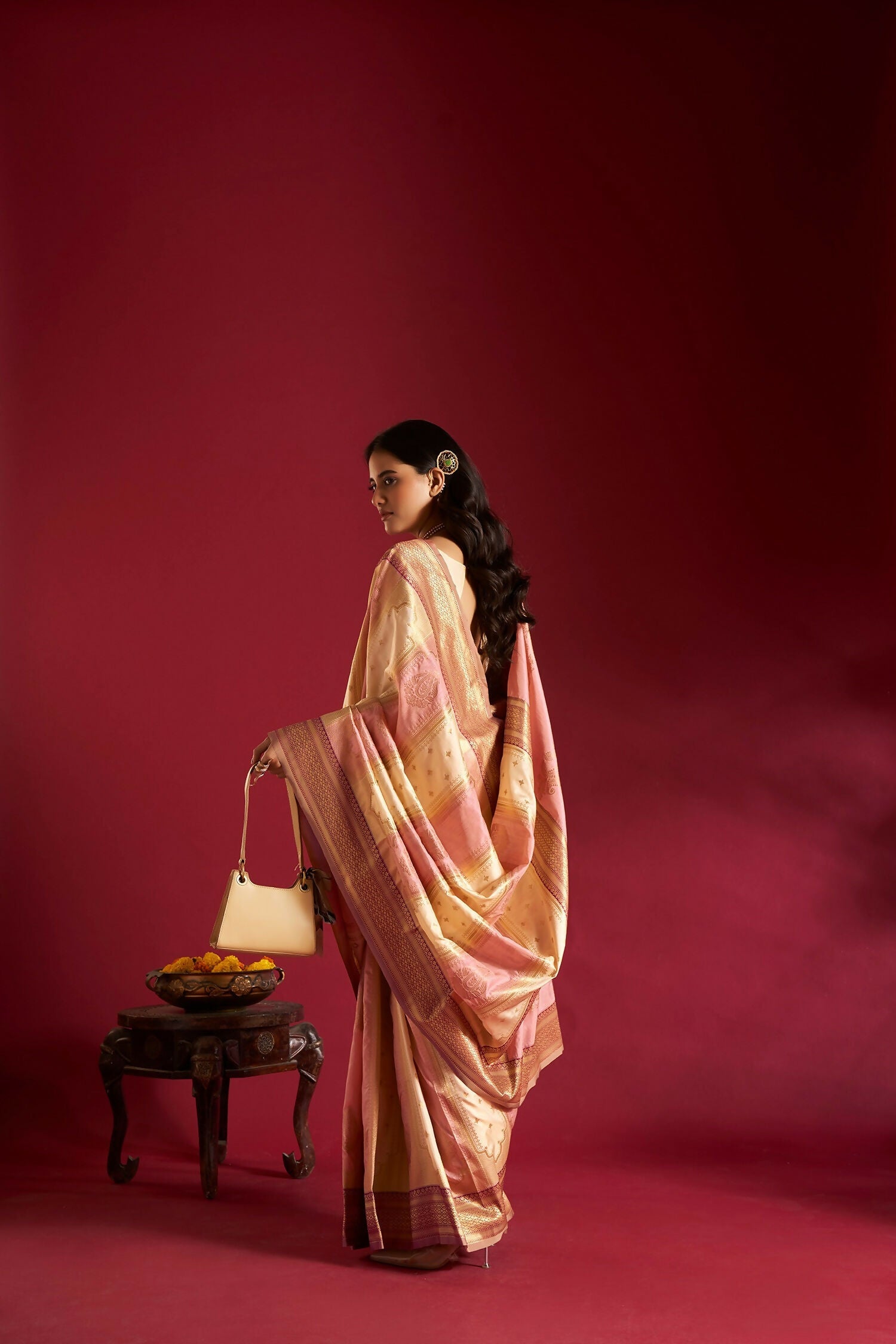 Joban Fashion Cream & Light Pink Plain With Weaving Border Banarasi Silk Sarees | Grocsy