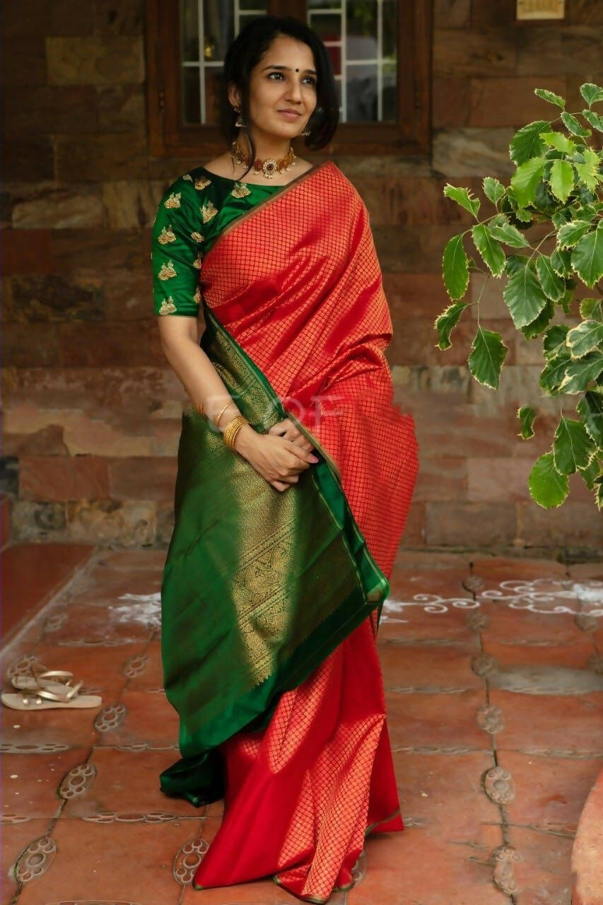 DEIANA'S Beautiful Designer Golden zari Soft Lichi Silk Saree - Red | Grocsy