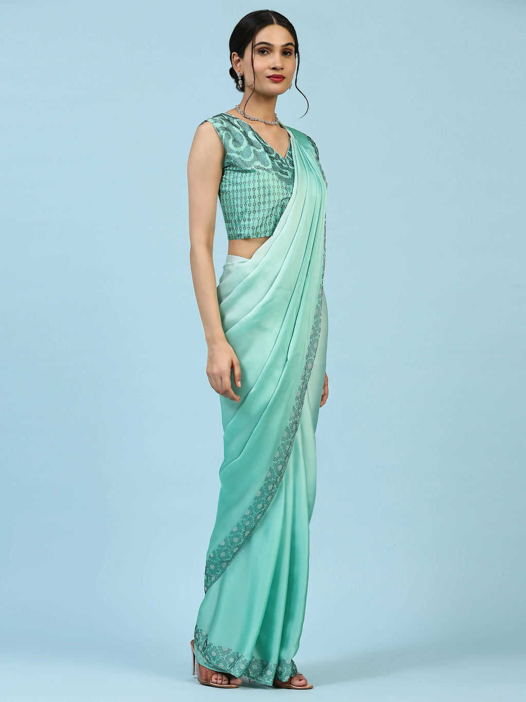 Sea Green Ombre Satin Georgette Plain Ready to wear Saree with stitched Blouse - Vrinda | Grocsy