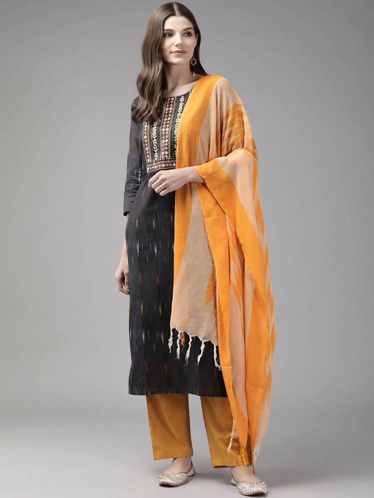 Yufta Black Pure Cotton Ikat Design Kurta with Palazzo & Dupatta | Grocsy