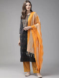 Yufta Black Pure Cotton Ikat Design Kurta with Palazzo & Dupatta | Grocsy