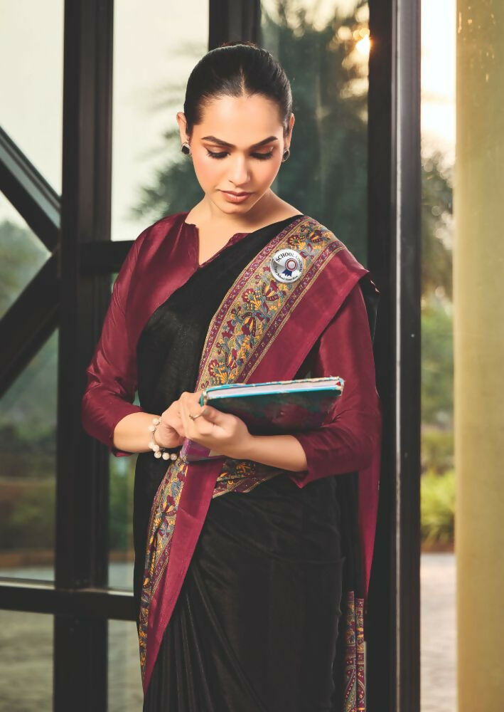 Joban Fashion Black Crepe Silk with Traditional Print Saree | Grocsy