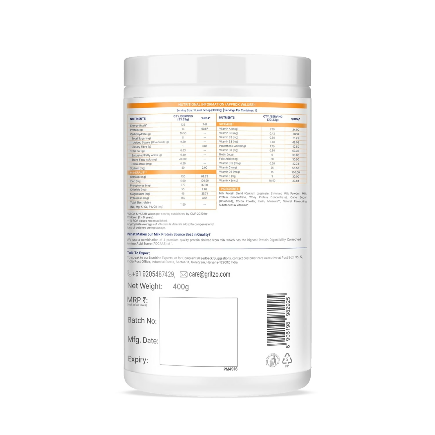 Gritzo SuperMilk Athlete (7-12y Boy & Girl), 14g Protein Powder (Double Chocolate) | Grocsy