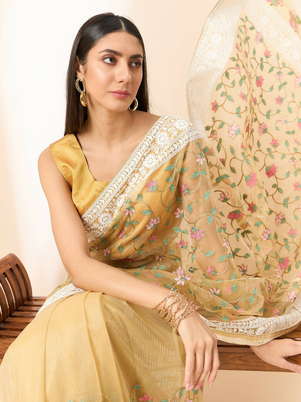 Beige Organza Floral Embroidered Saree with Unstitched Blouse Piece - Roozal | Grocsy
