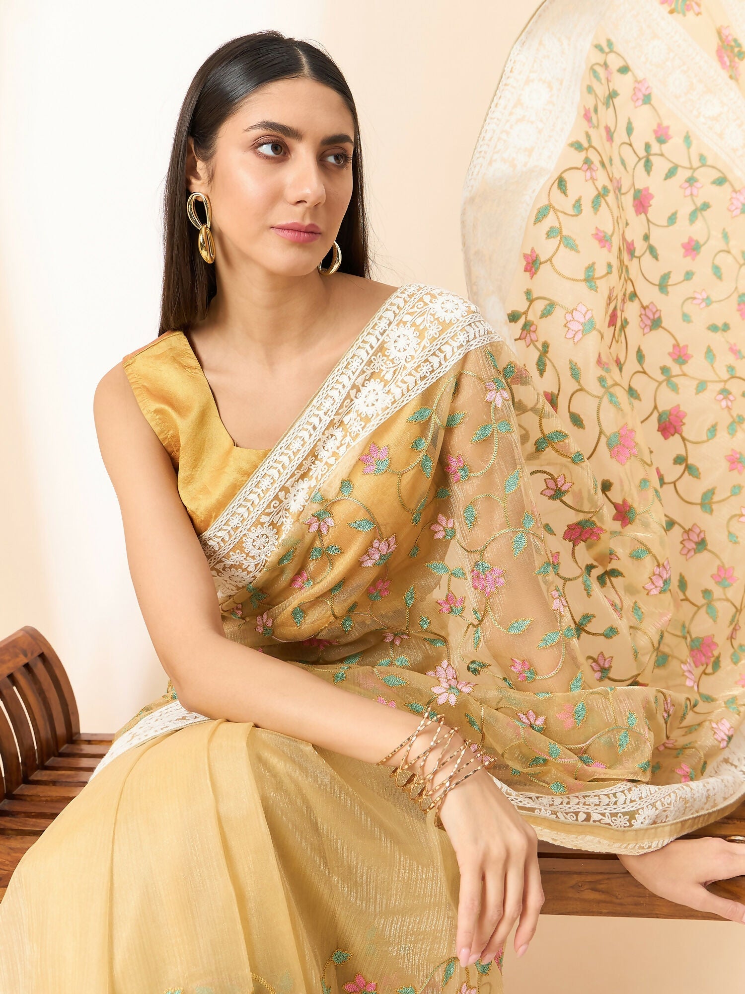 Beige Organza Floral Embroidered Saree with Unstitched Blouse Piece - Roozal | Grocsy