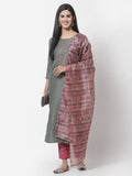 Myshka Women Grey Silk Blend Embroidered 3/4 Sleeve Round Neck Kurta Pant Dupatta Set | Grocsy