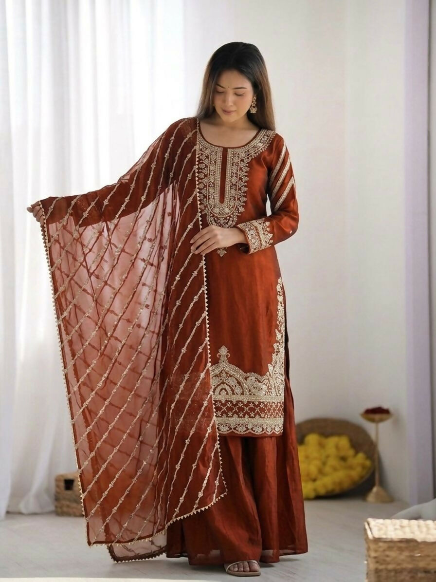 Teeya Creation New latest Trendy Embroidery Beads Work Kurta Sharara Set - Orange | Grocsy