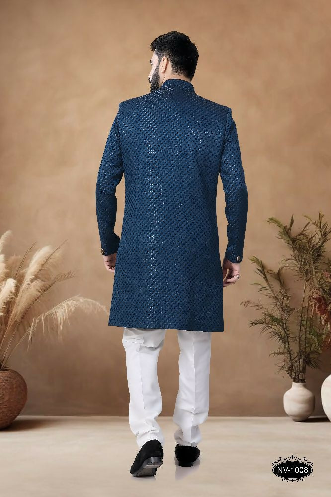 Joban Fashion Men's Blue Straight Silk Thread & Sequence Embroidery All Over Indo-Western Kurta Set | Grocsy