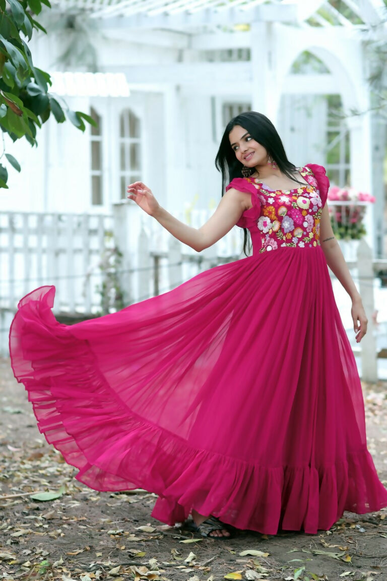 Jyoti Fashion Women's Rani Pink Sequins Thread Embroidery Faux Blooming Anarkali Dress | Grocsy