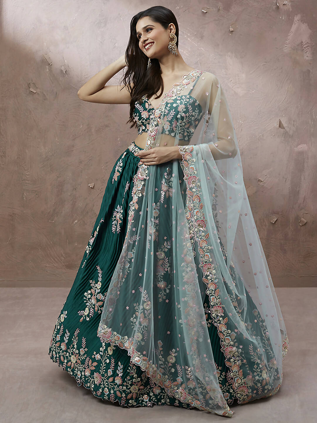 House of Panchhi Teal - Pure Georgette Thread & Sequins Work Lehenga | Grocsy