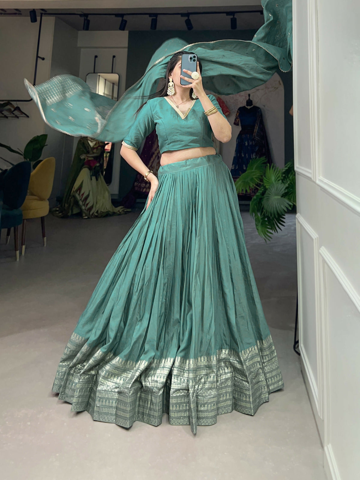 Lorenvalley Seagreen Pure Chanderi Plain With Zari Weaving Work Border Lehenga Choli | Grocsy