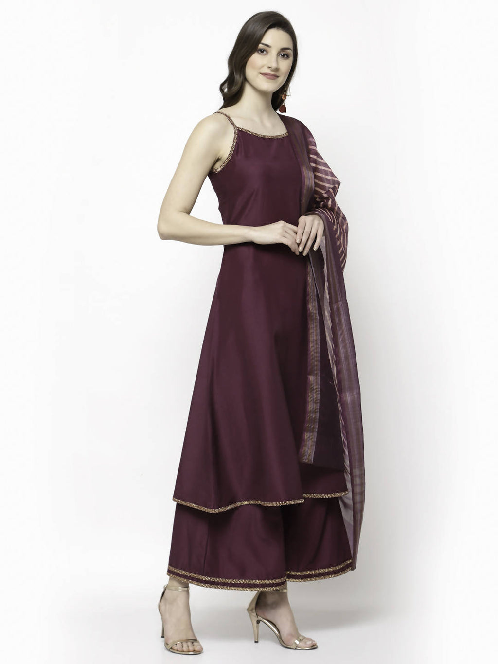 Myshka Marron Silk Blend Solid Sleeveless Round Neck Kurta Palazzo Dupatta Set | Grocsy
