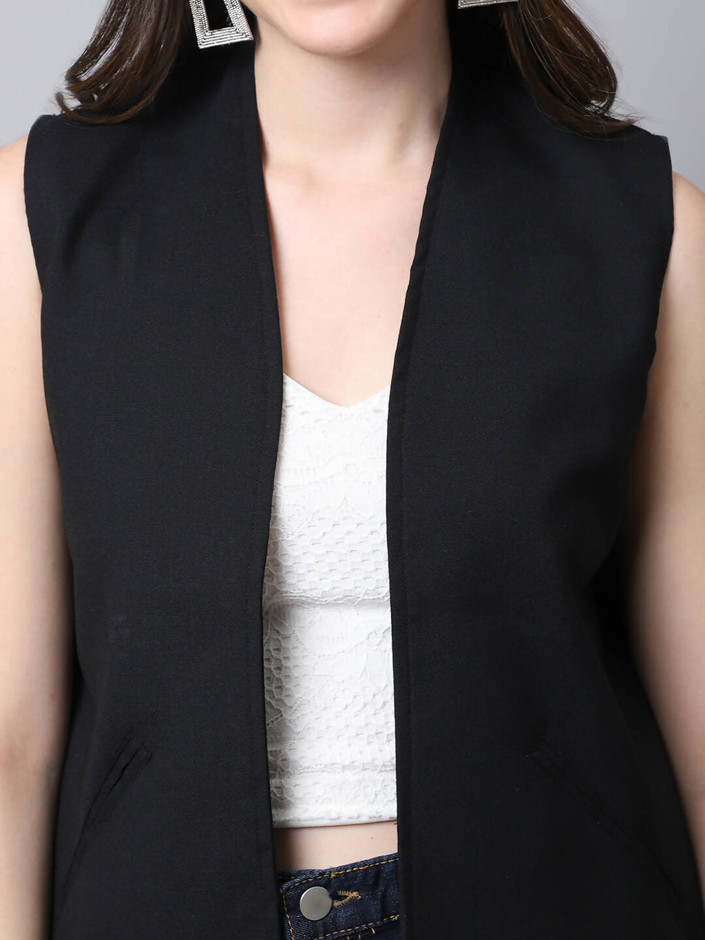 Even Apparels Black Linen Cotton Open Front Women's Waistcoat | Grocsy