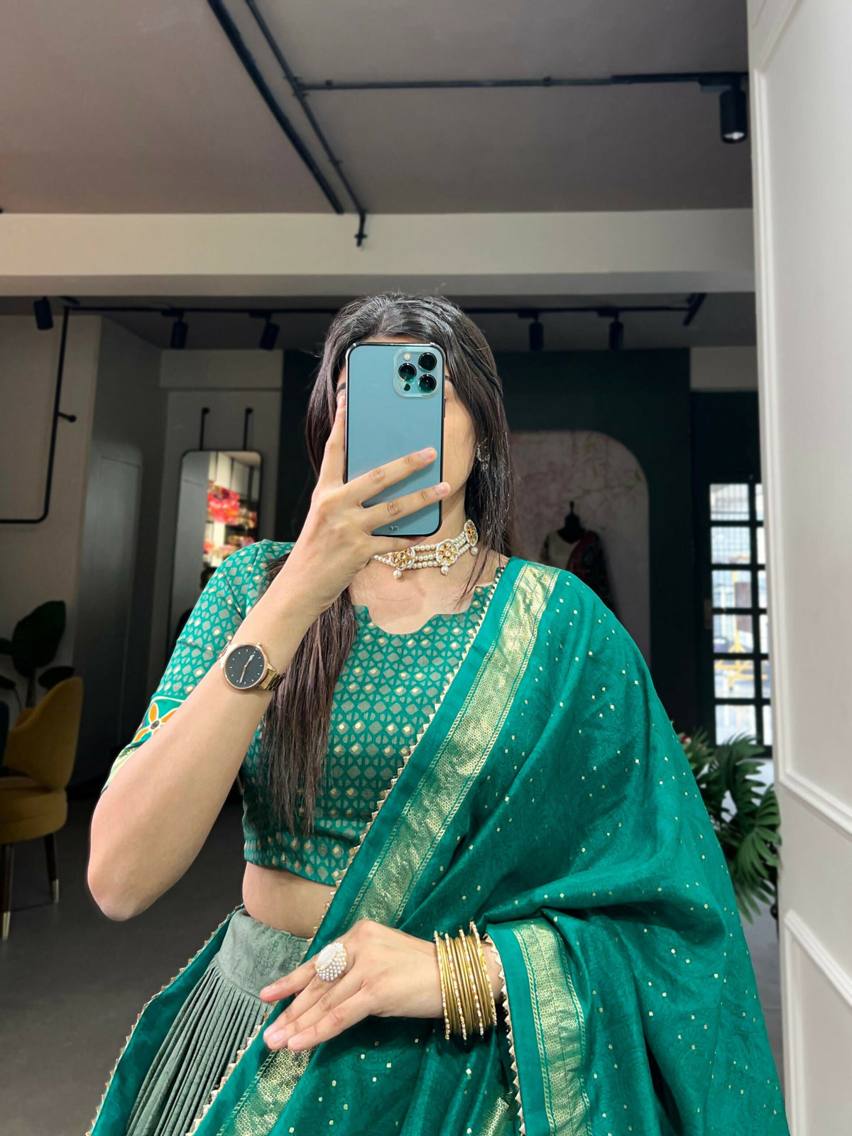 Vastranavya Floral Print With Foil Print Tussar Silk Lehenga with Unstitched Blouse - Sea Green | Grocsy