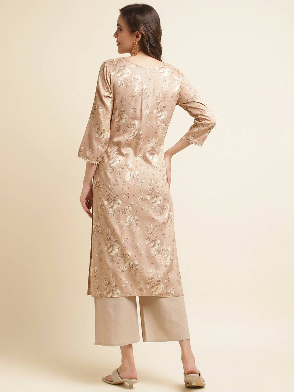 Beige Poly Rayon Floral Printed Straight Kurta - Prasuti | Grocsy