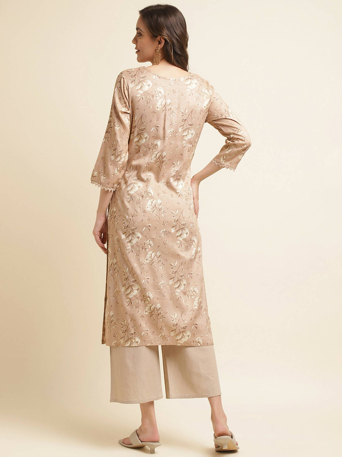 Beige Poly Rayon Floral Printed Straight Kurta - Prasuti | Grocsy