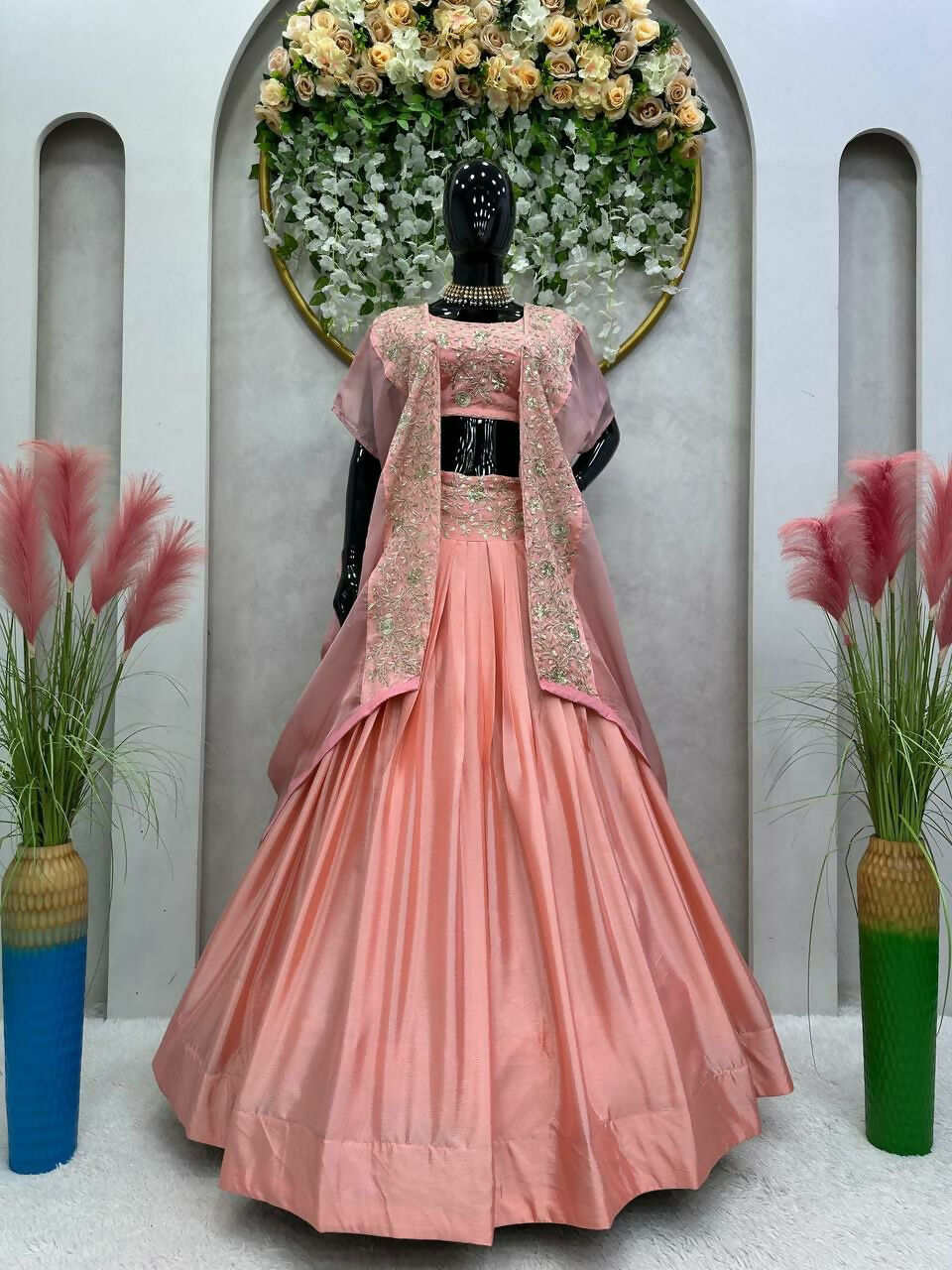Jyoti Fashion Women's Pink Chinon Sequins with Thread Embroidered Designer Lehenga Choli with Shrug Set | Grocsy