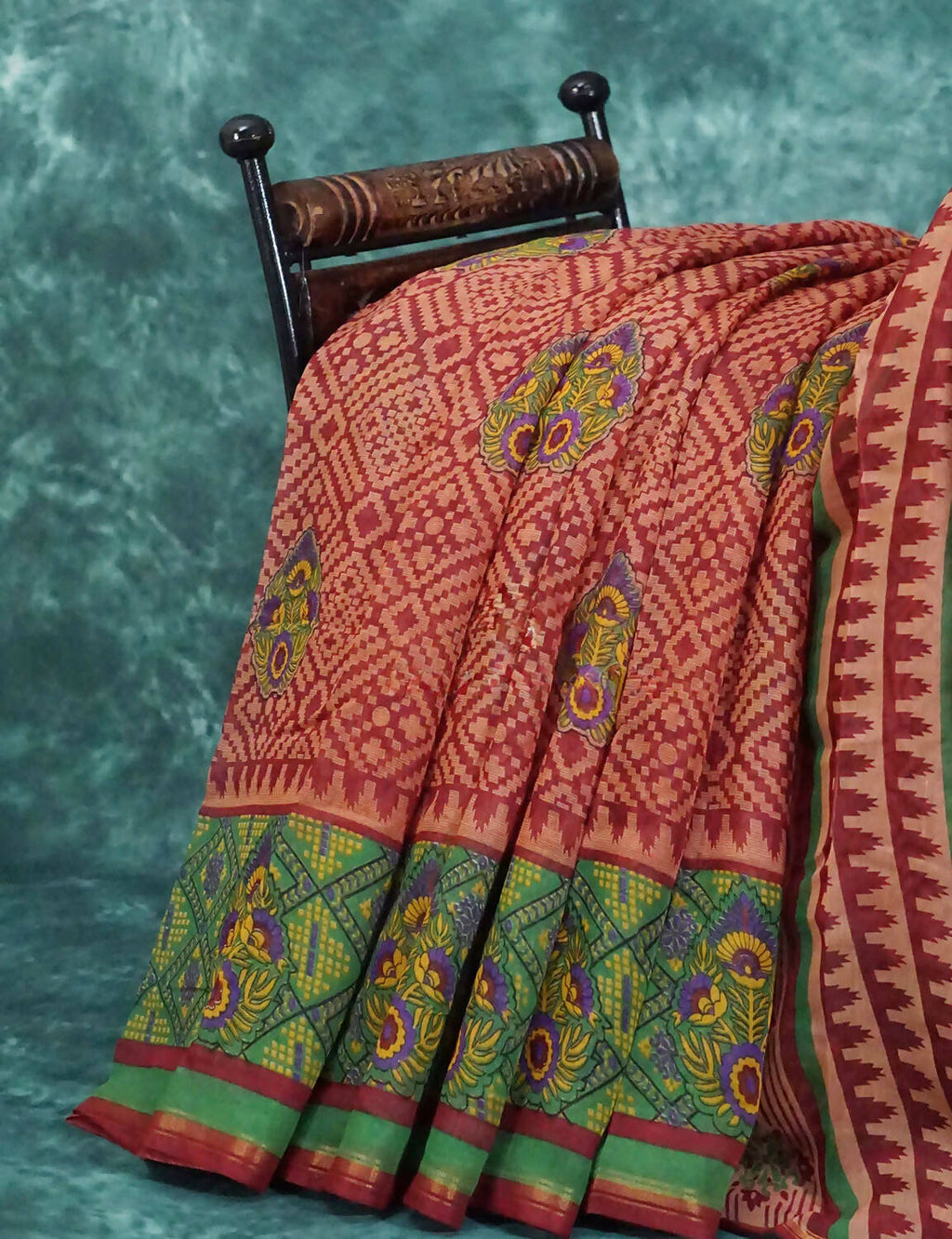 Mix of Orange and Teracotta Red Printed Semi Chanderi Saree By Gayathri Reddy Designer Studio | Grocsy