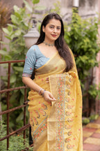 Yellow Pure Linen Ethnic Motifs Saree with Unstitched Blouse - Hiral Fashion | Grocsy