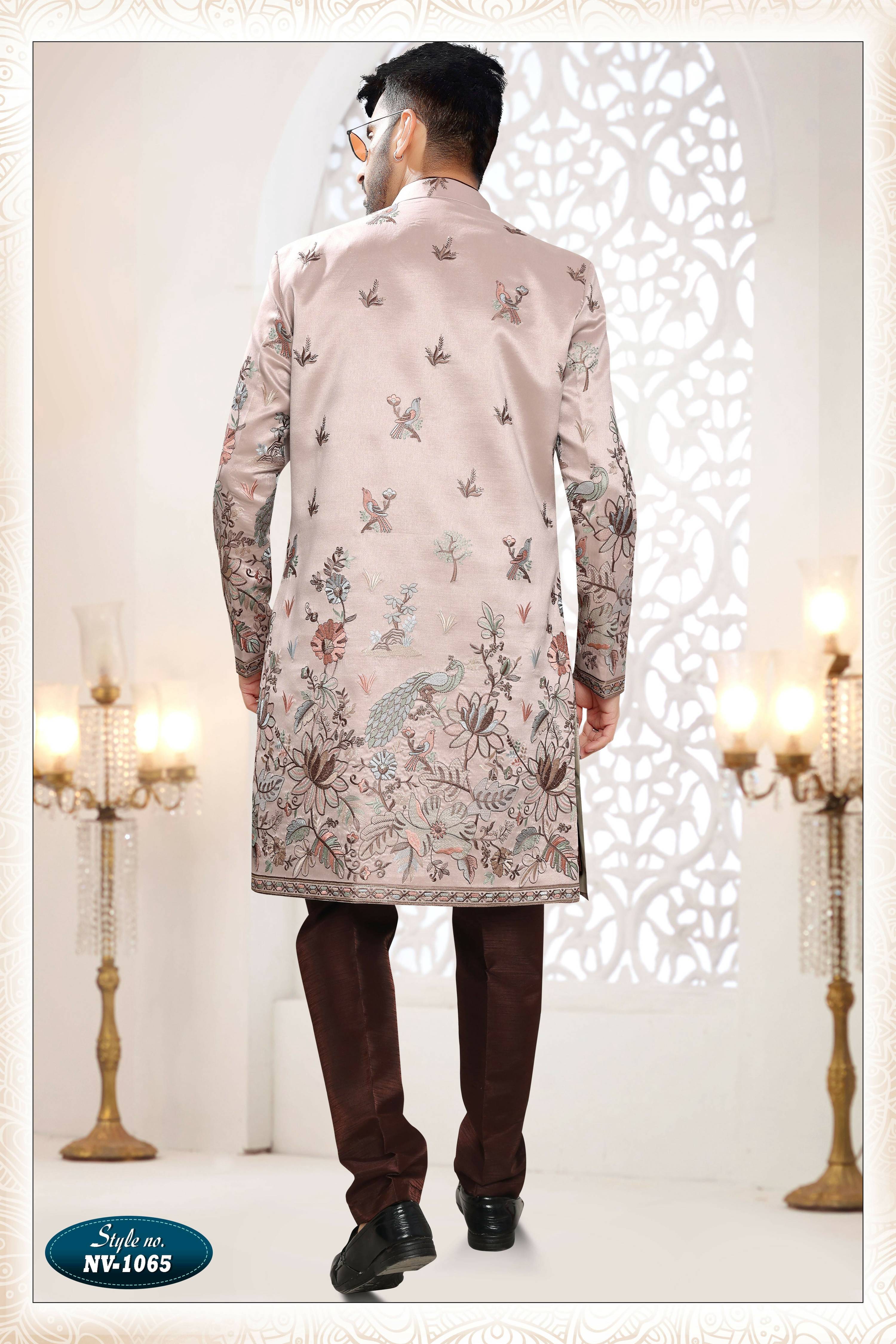 Joban Fashion Men's Skin Brown Straight Silk Thread And Sequence Embroidery All Over 3 Pc Kurta Set | Grocsy