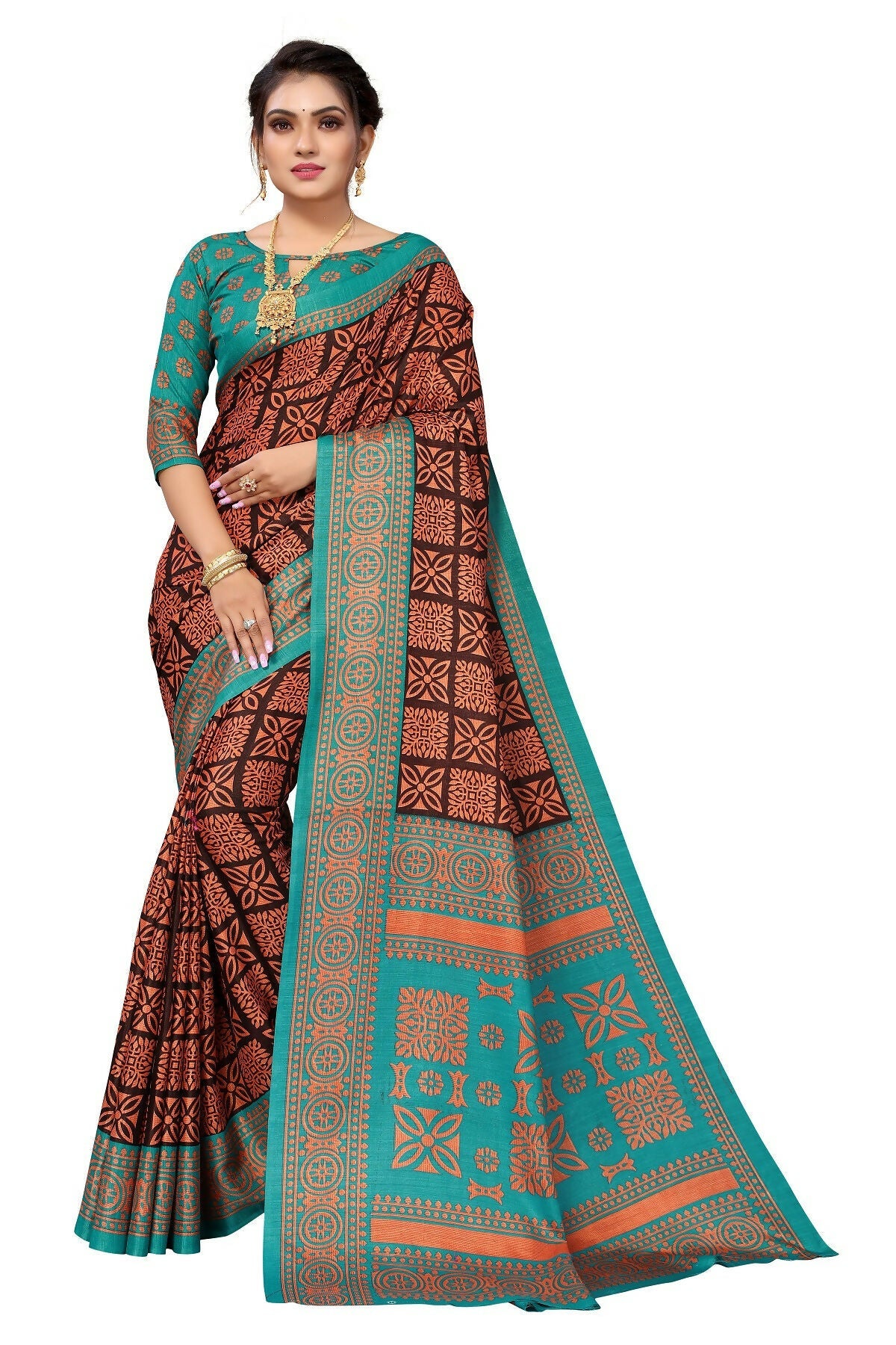 Vamika Brown Printed Art Silk Saree | Grocsy