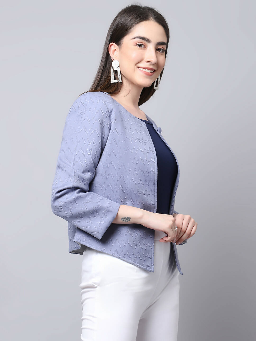 Even Apparels Grey 100% Viscose Open Front Statement Women's Jacket | Grocsy