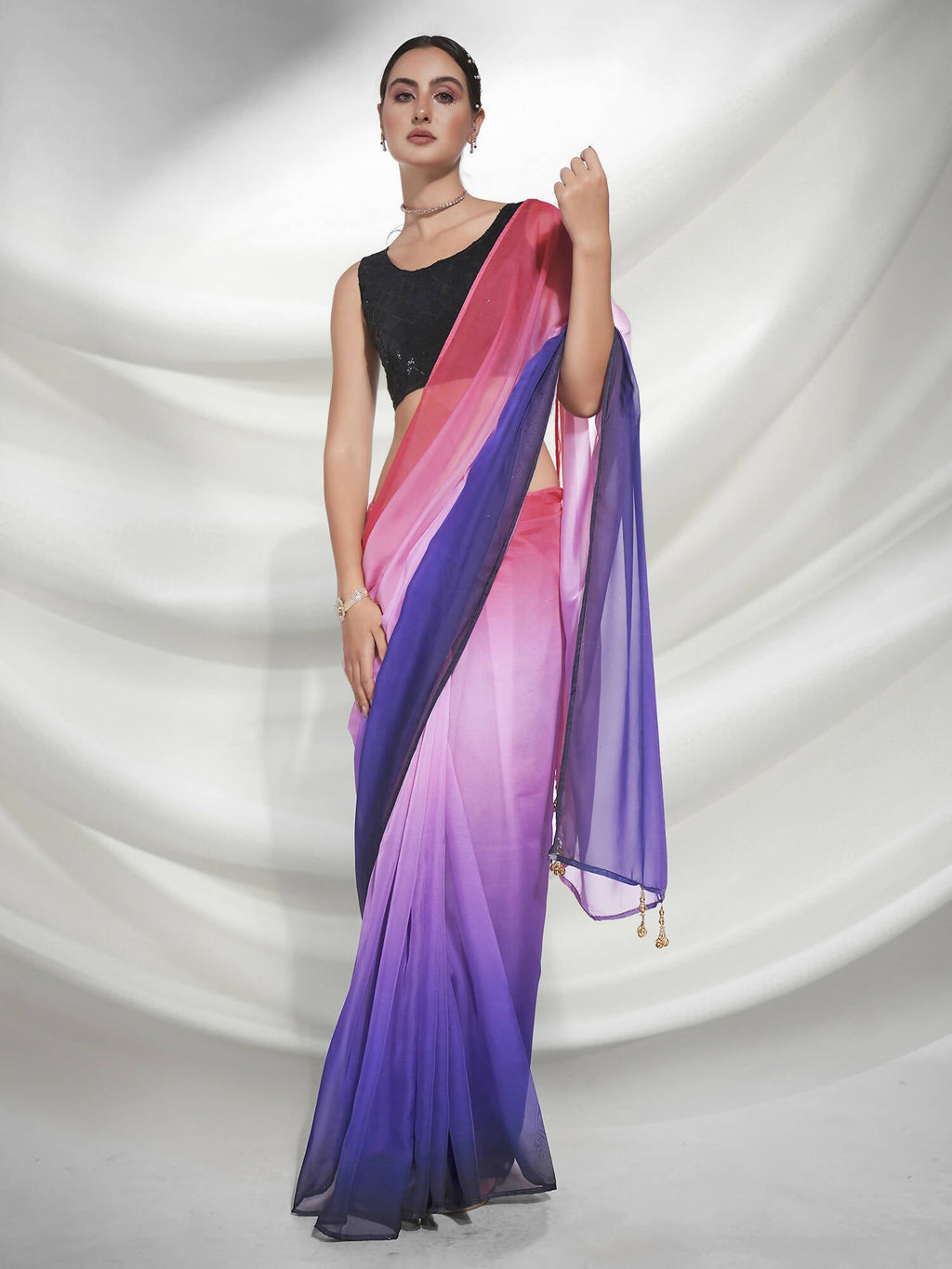 Purple Organza Solid Saree With Unstitched Blouse Piece - Shanaya | Grocsy