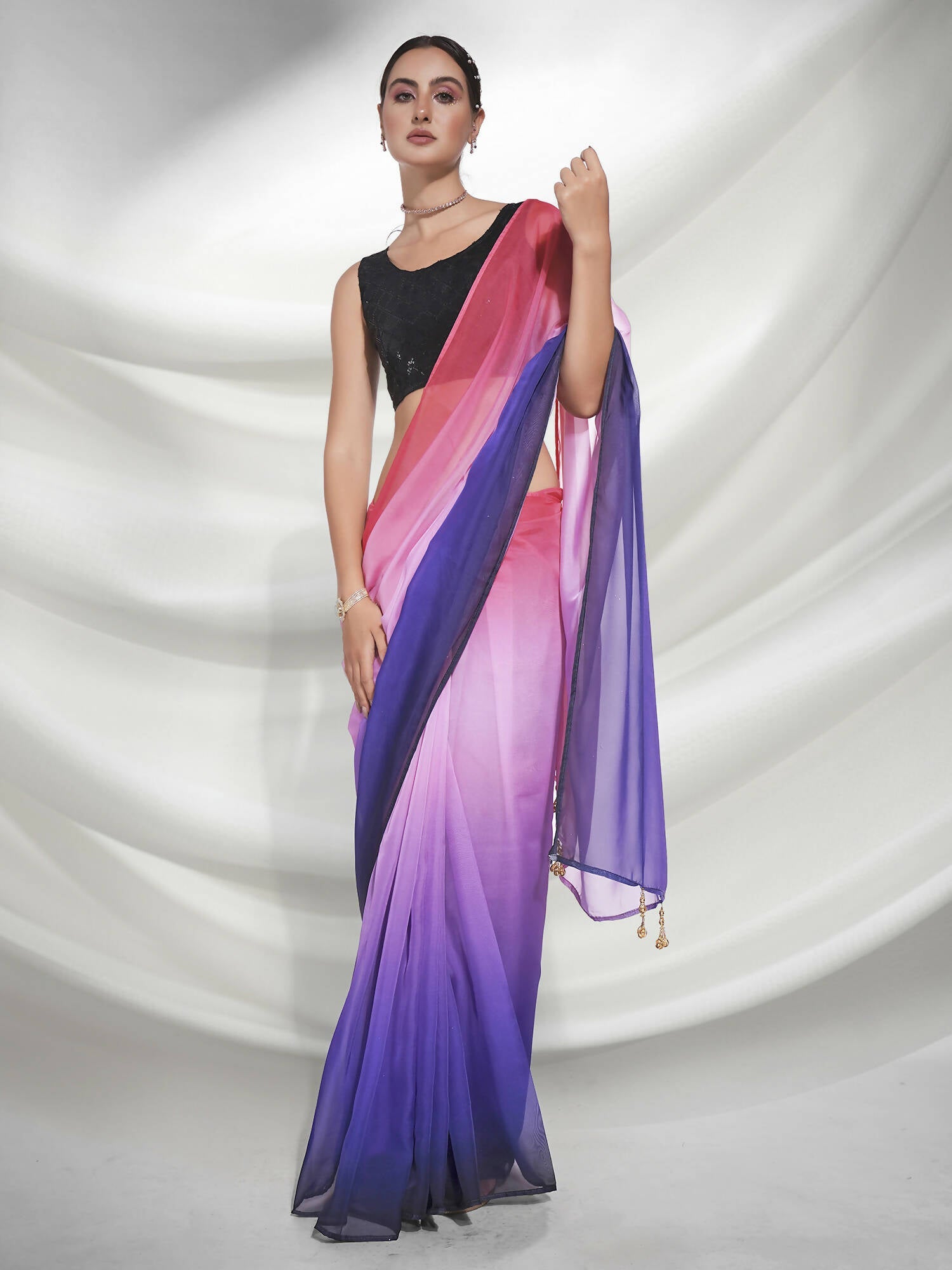 Purple Organza Solid Saree With Unstitched Blouse Piece - Shanaya | Grocsy