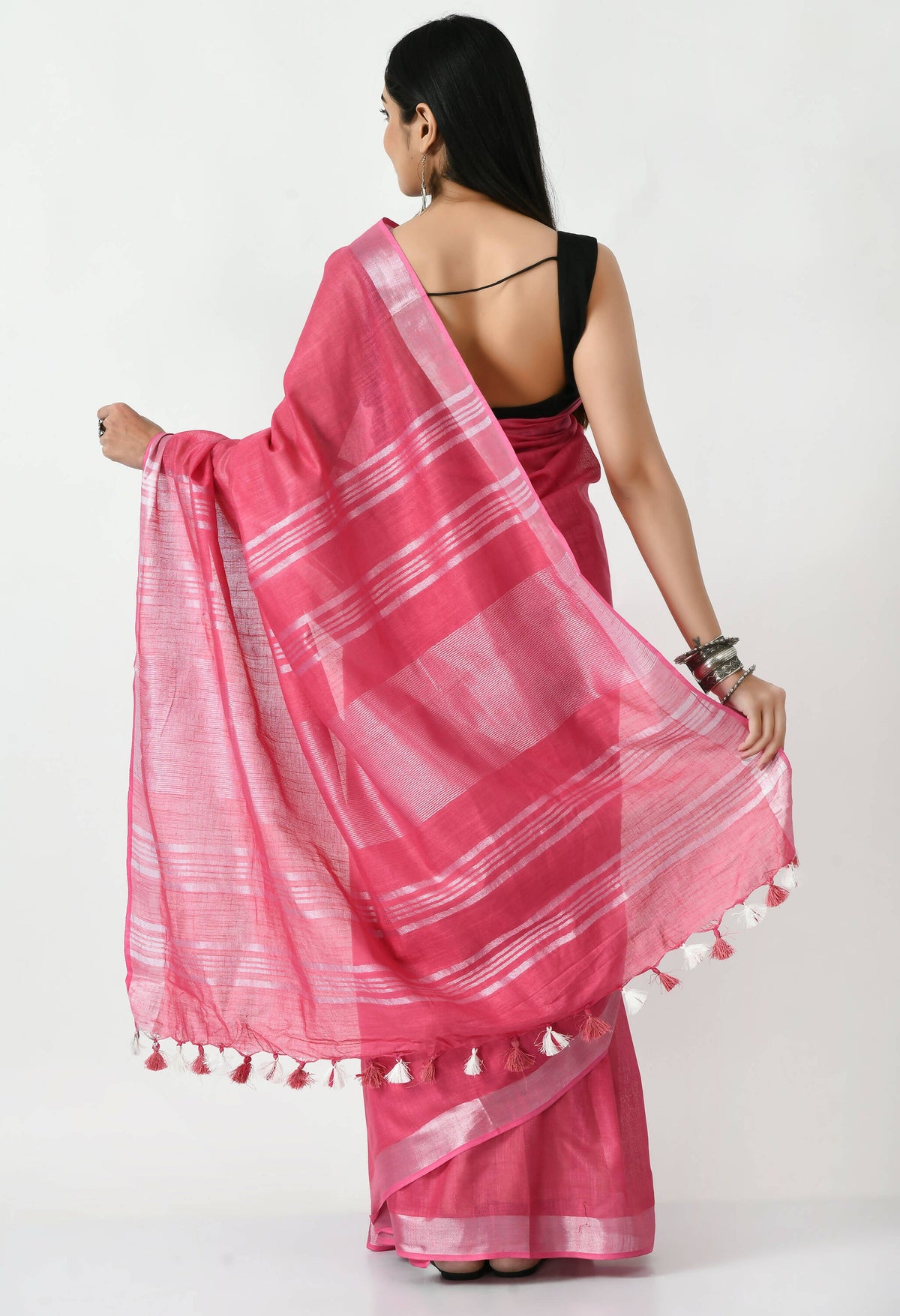 Mominos Fashion Moeza Pink Bhagalpuri Handloom Silk Linen Saree with unstitched Blouse piece | Grocsy