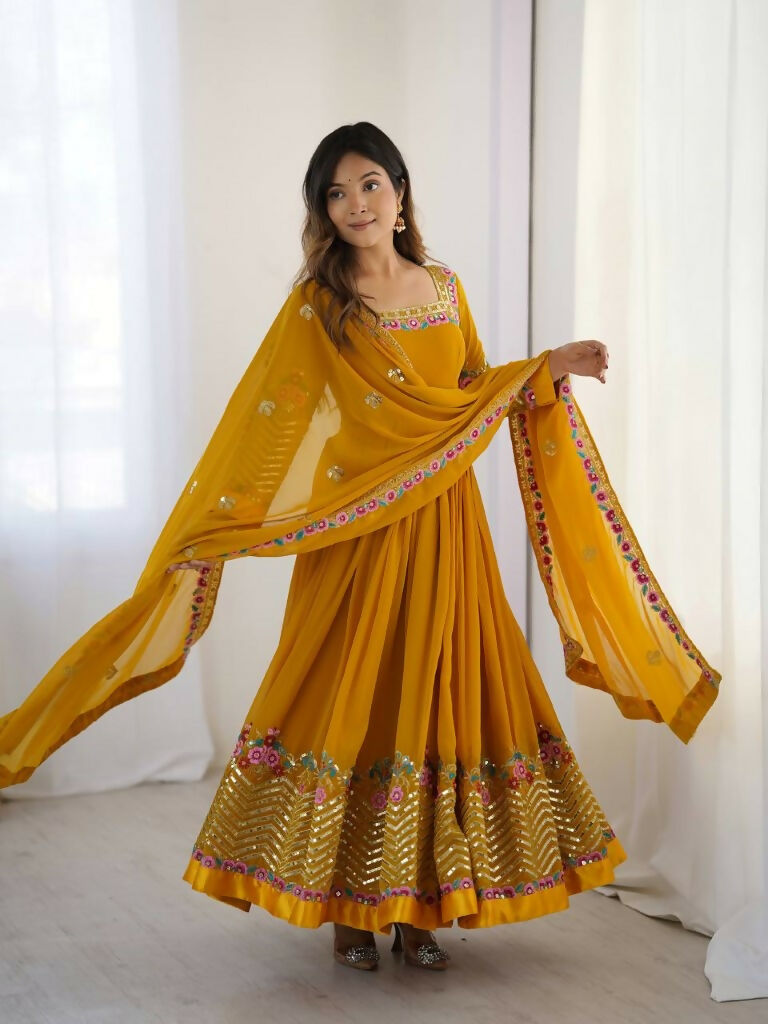 Teeya Creation Yellow Color Heavy Georgette Wedding Wear Embroidery Work Long Gown | Grocsy