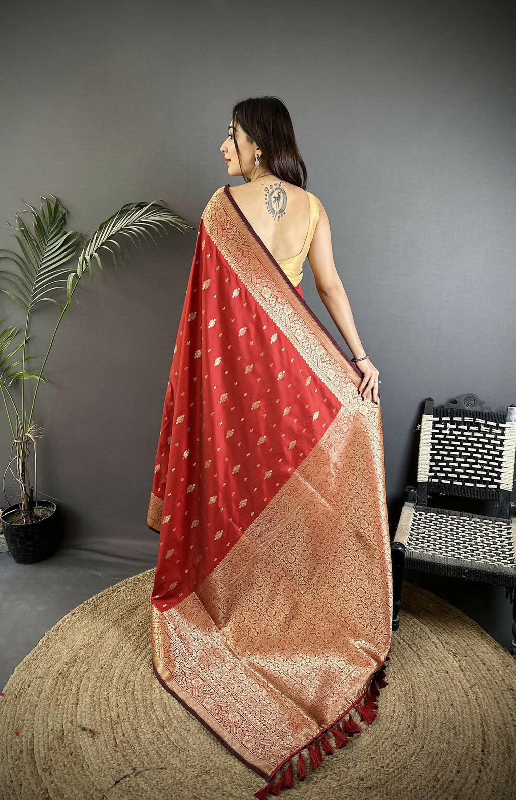Joban Fashion Red Zari Weaving Motif Lichi Silk Banarasi Silk Saree | Grocsy