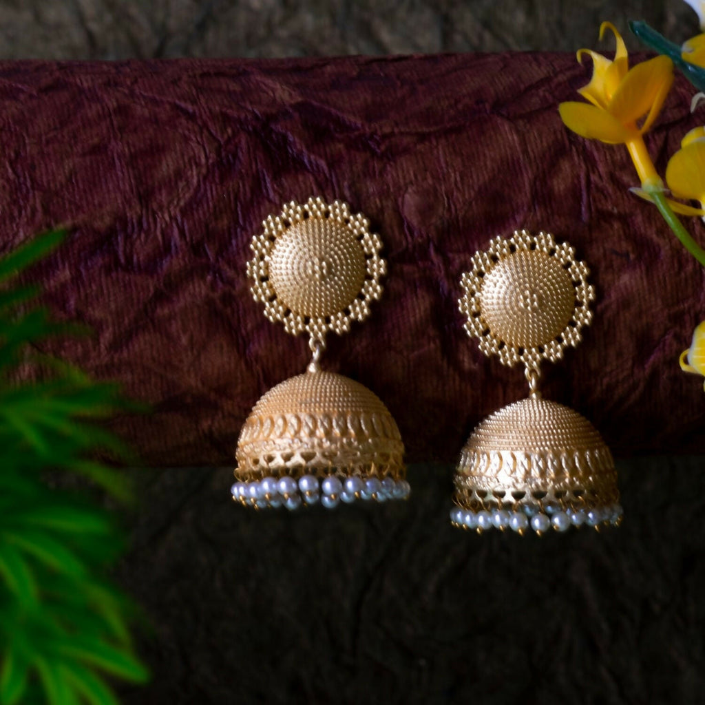 Joban Fashion Women Matte Gold Brass Jhumka | Grocsy