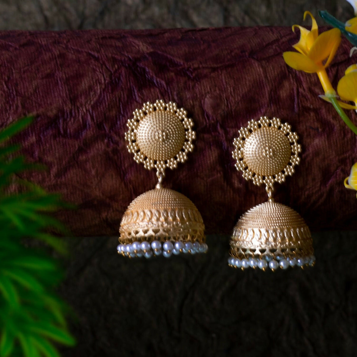 Joban Fashion Women Matte Gold Brass Jhumka | Grocsy