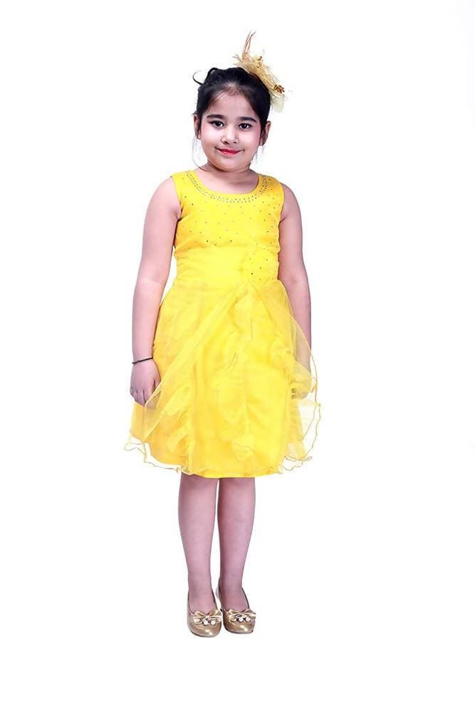 Asmaani Baby Girl's Yellow Color Satin Knee Length Frock (AS-DRESS-22141) | Grocsy