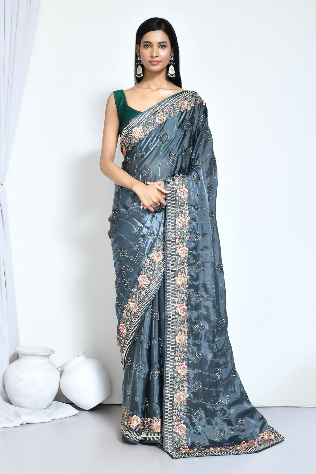 Teal Satin Silk Sequence Embroidered with Stone work Saree - Nimaya Benzy | Grocsy