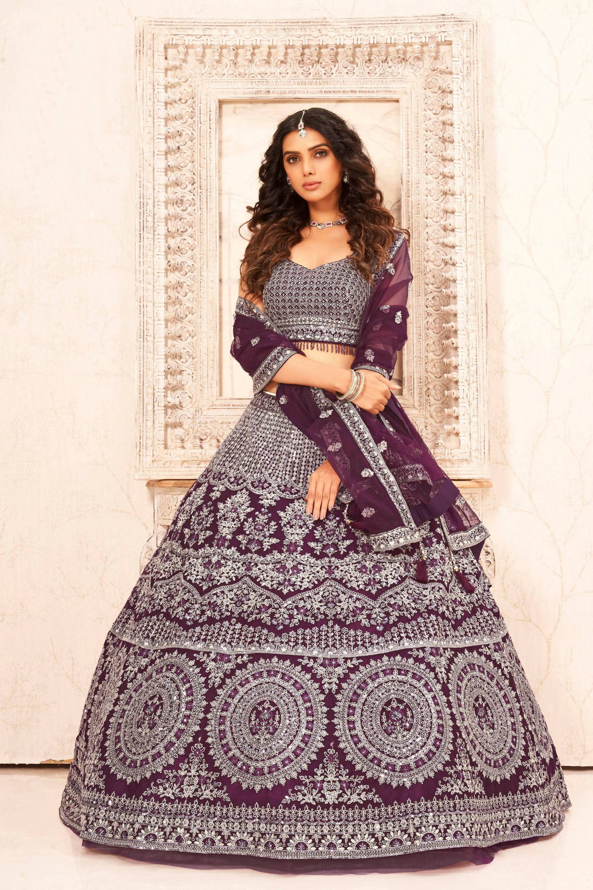 Purple Soft Net Embroidery sequence work Lehenga Choli with Dupatta - Dhvani | Grocsy