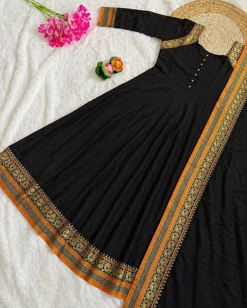 Teeya Creation New Trendy Stylish Black Solid Anarkali Kurta with Traditional Golden Border Dupatta Set | Grocsy
