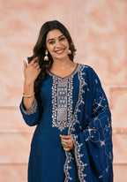 Ethnic Festive Wear Slik Petrol Stitched Suit With Dupatta - Anbazaar | Grocsy