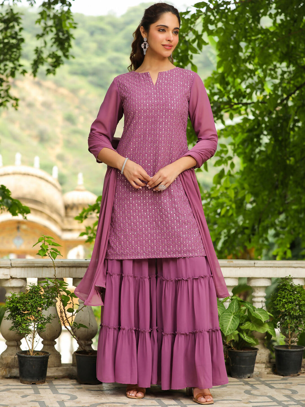 Janasya Lavender Georgette Embroidered Kurta,Bottom & Dupatta | Grocsy