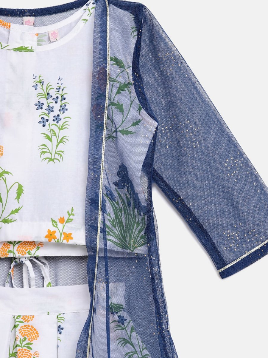 Ahalyaa Off White Cotton Printed Kids Top and Palazzo With Net Jacket For Girls | Grocsy