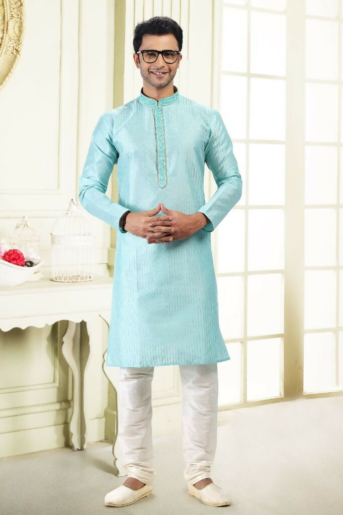 Raivat Ethnic Jacquard Art Silk Thread Work Kurta Pajama In Sky Blue Colour | Grocsy